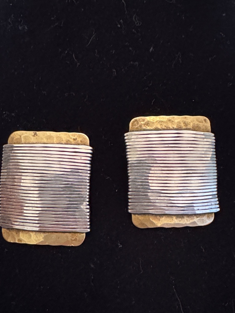 Vintage signed BAER SF Silver Wound Brass Rectangular Clip On Earrings
